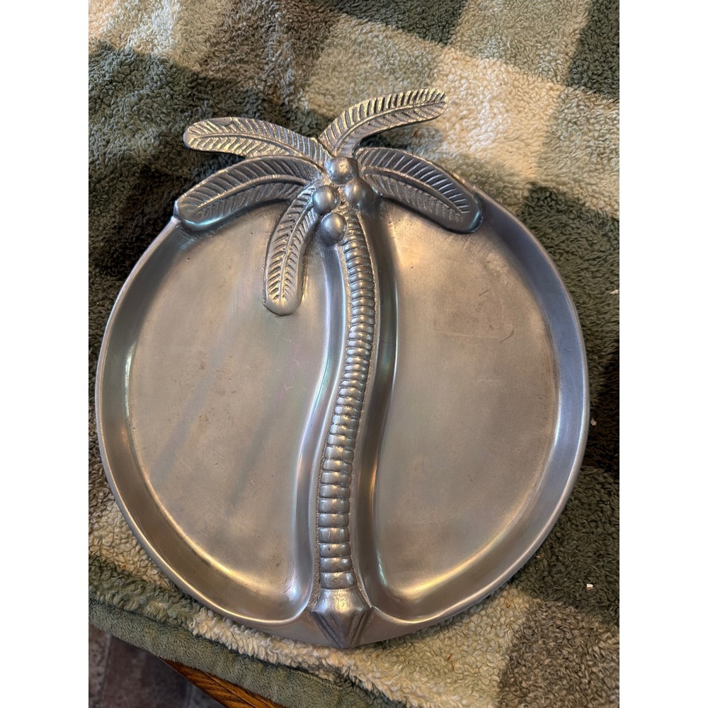 VTG.Arthur Court Aluminum Palm Tree Divided Serving Tray Round 10 inch Platter